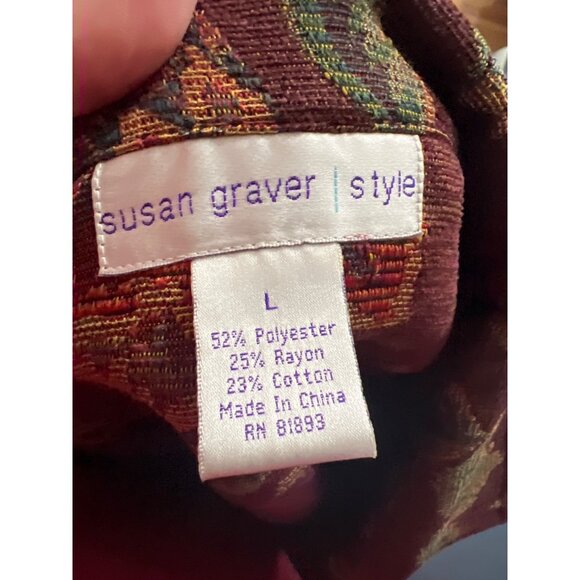 Susan Graver Style Floral Jacket Large Zip Front Burgundy Ribbed Hem & Cuffs - Picture 2 of 10